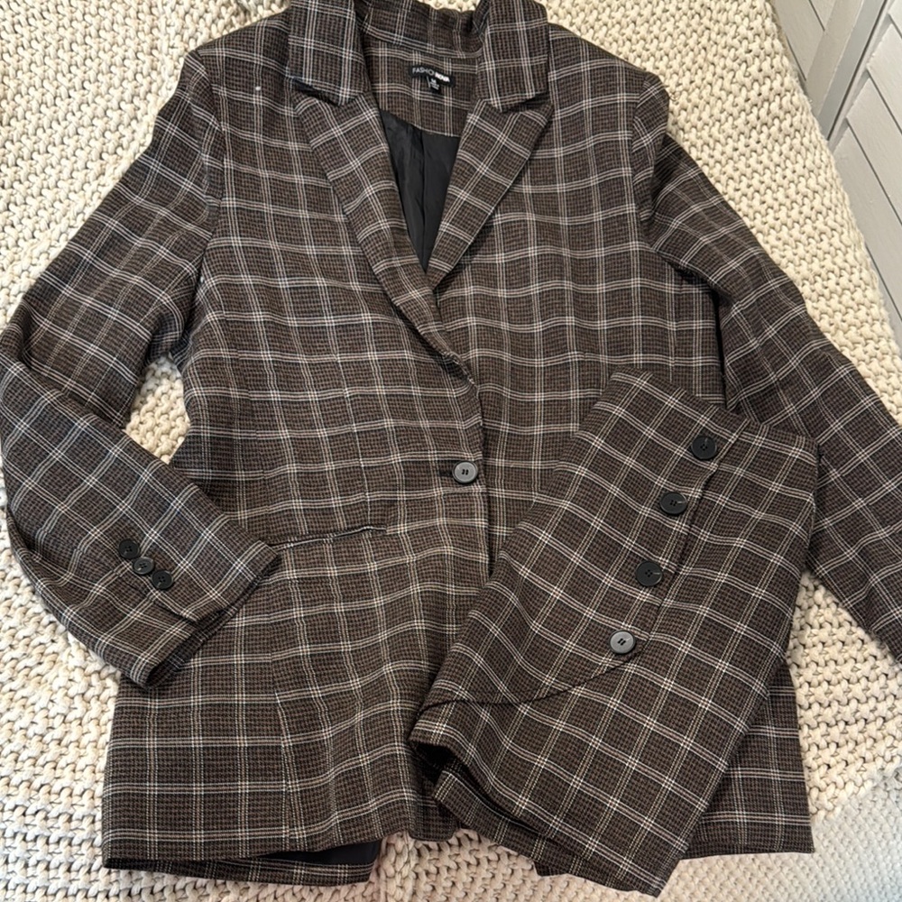 Fashion Nova Brown Plaid Single-Button Blazer and Skirt Set